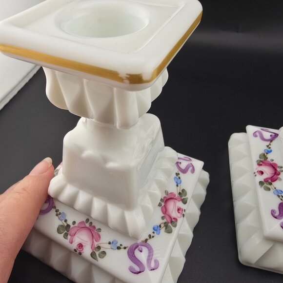 Westmoreland Milk Glass Hand-Painted Floral Candlestick Holders READ - Picture 4 of 7